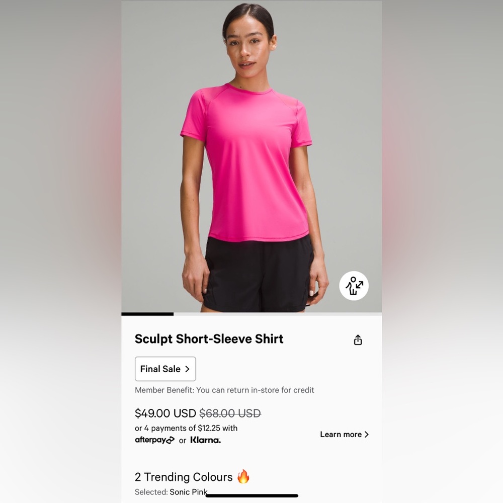 Lululemon workout short sleeve shirt color sonic pink size 4